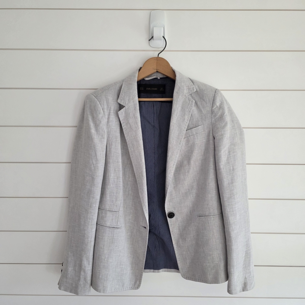 ​Zara Basic Grey Linen-Blend Structured Blazer - … - image 1